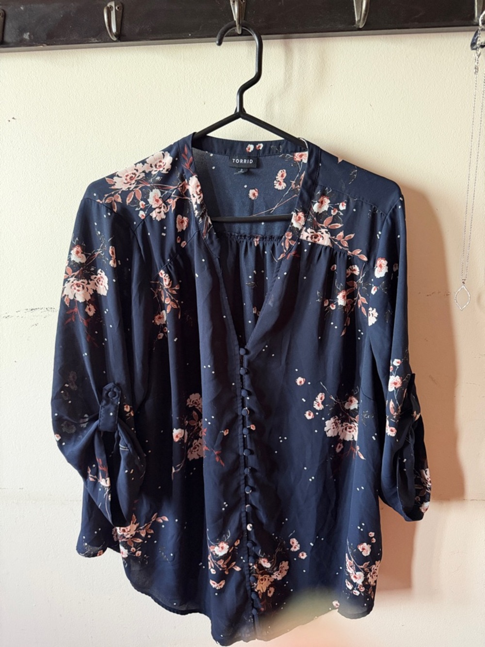 torrid navy floral button-front blouse with pink cream blooms